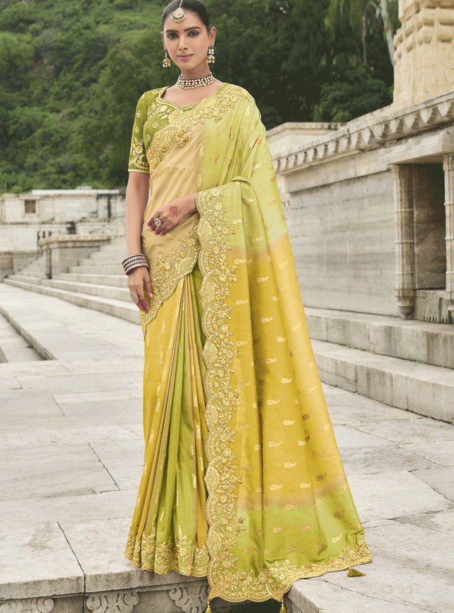 Lemon Yellow And Lime Embroidered Silk Designer Saree