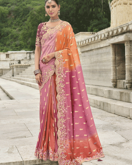 Cherry Pink And Orange Embroidered Silk Designer Saree