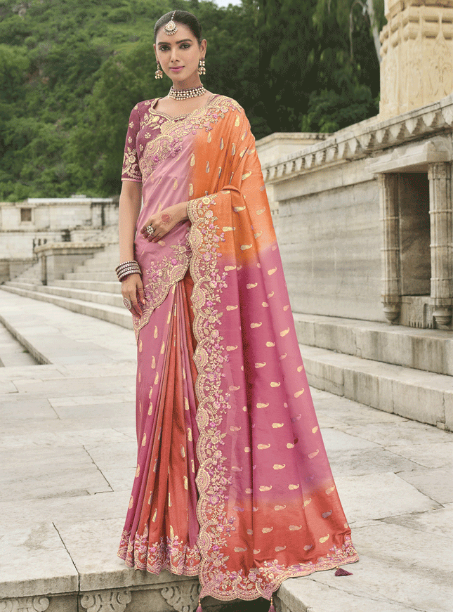 Cherry Pink And Orange Embroidered Silk Designer Saree