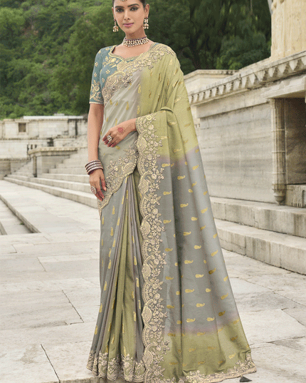 Smoke Grey And Pistachio Green Embroidered Silk Designer Saree