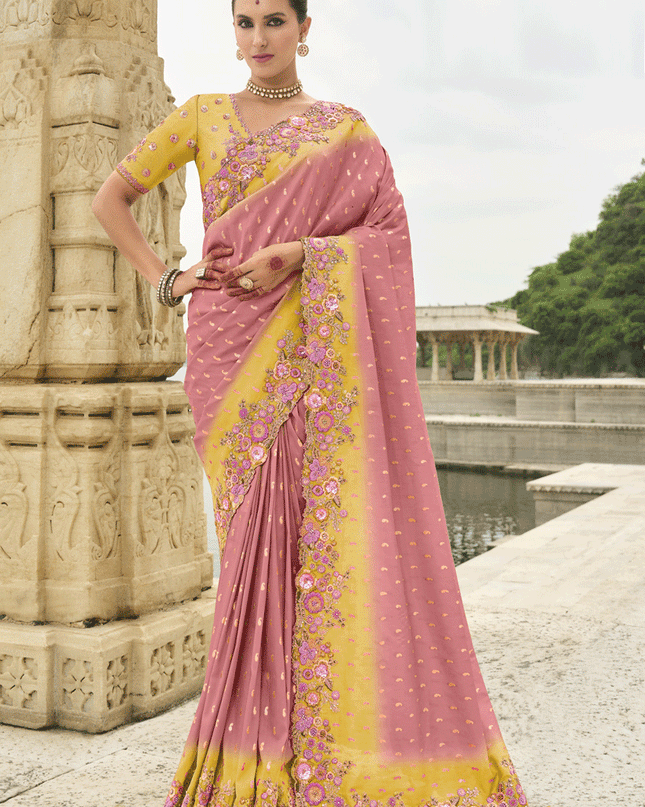 Coral Pink And Lemon Embroidered Silk Designer Saree