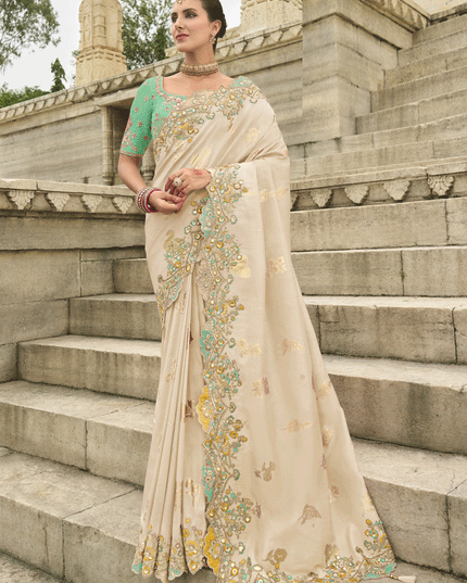 Ivory Embroidered Silk Designer Saree