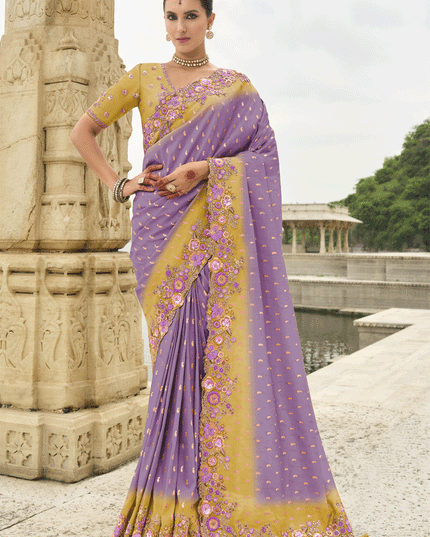 Lilac And Mustard Embroidered Silk Designer Saree