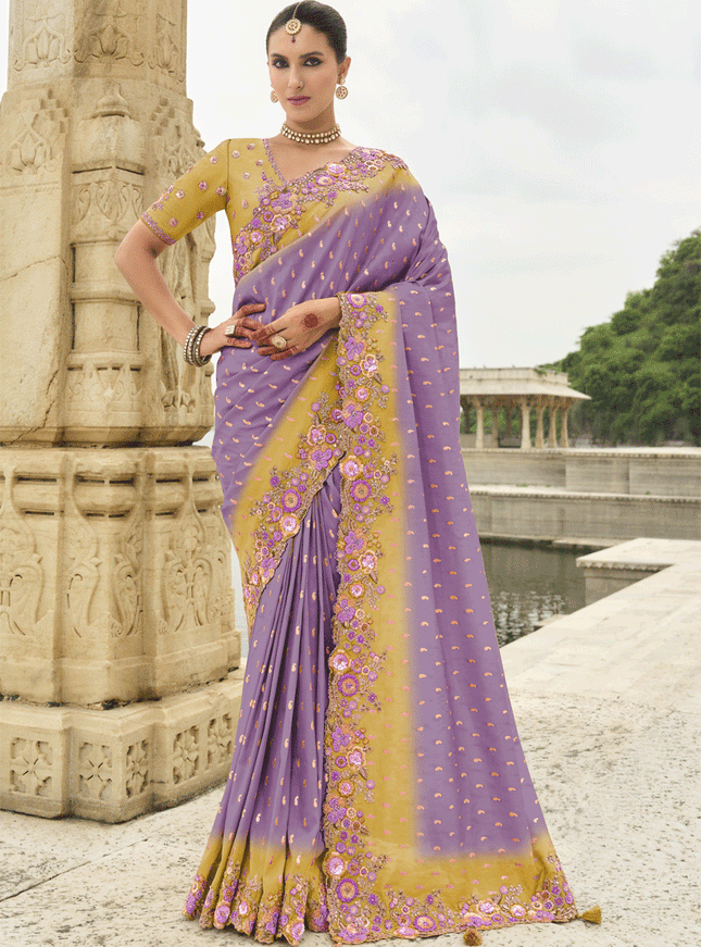 Lilac And Mustard Embroidered Silk Designer Saree