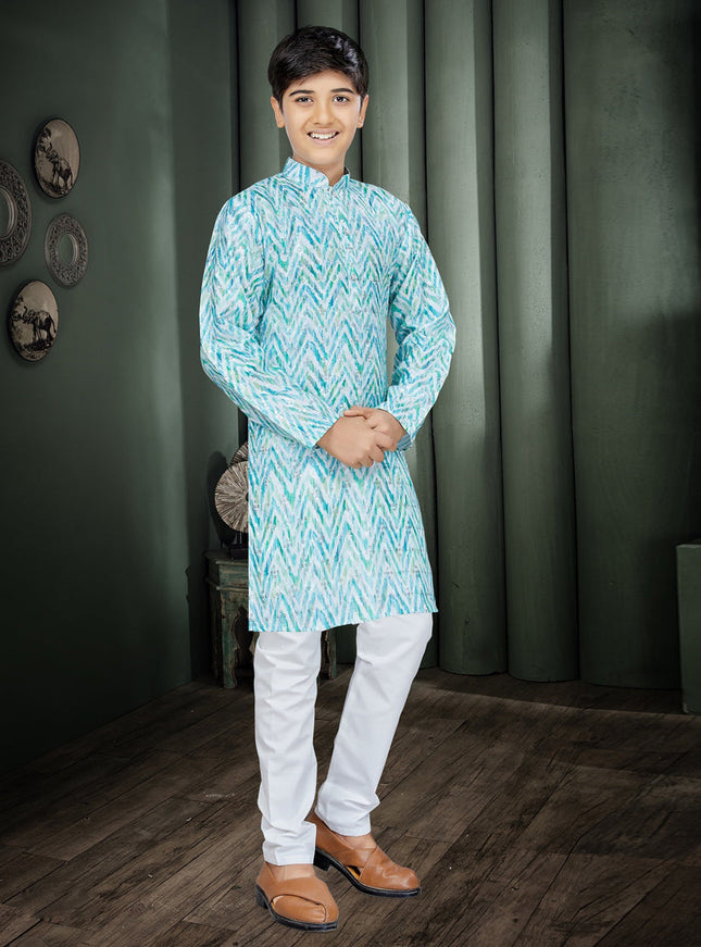 Turquoise Cotton Kids Kurta Set