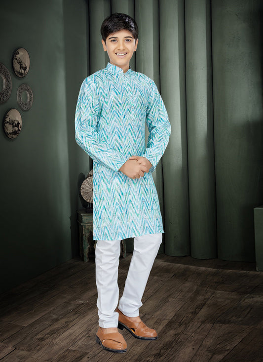 Turquoise Cotton Kids Kurta Set