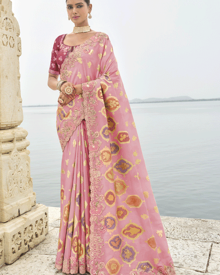 Rose Pink Embroidered Silk Designer Saree