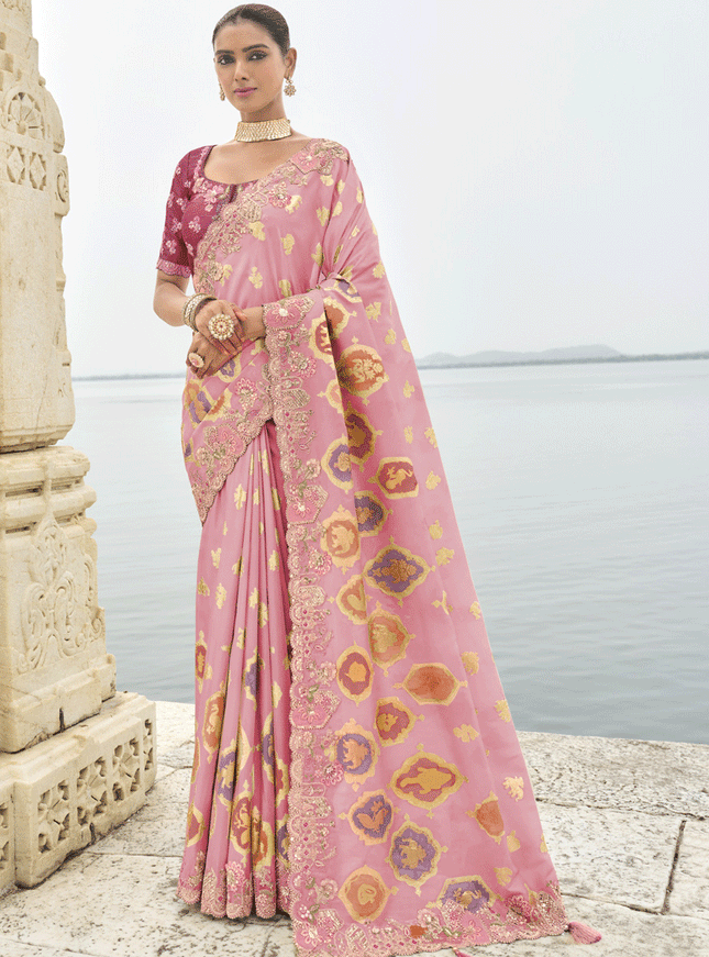 Rose Pink Embroidered Silk Designer Saree