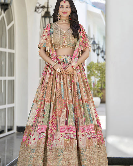 Captivating Beige Embroidered Chinnon Silk Lehenga Choli Set for Festival