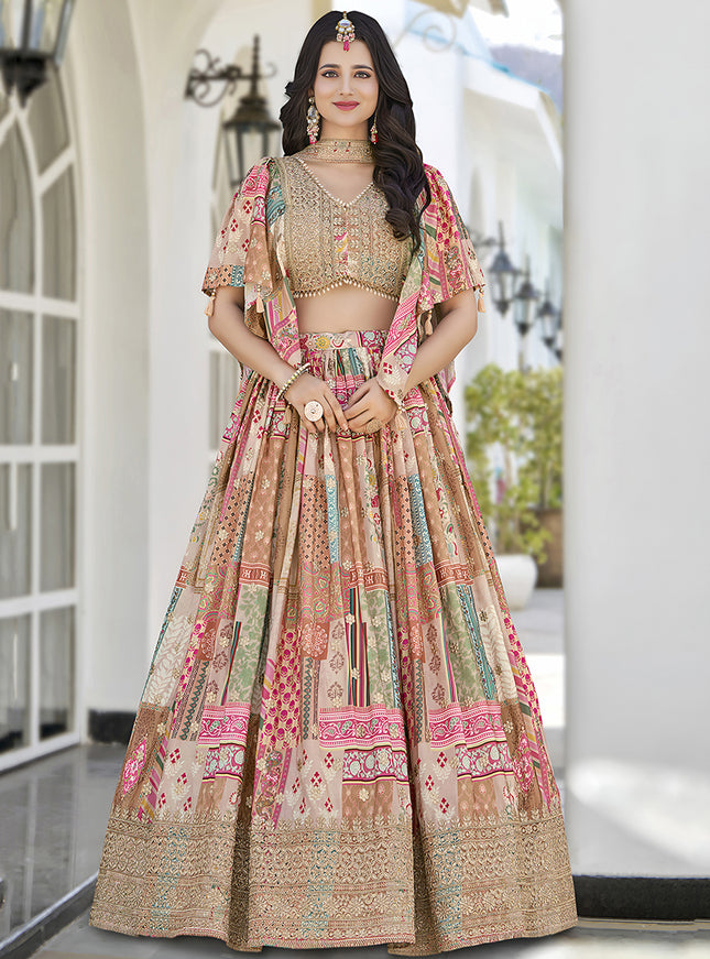 Captivating Beige Embroidered Chinnon Silk Lehenga Choli Set for Festival
