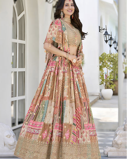 Captivating Beige Embroidered Chinnon Silk Lehenga Choli Set for Festival