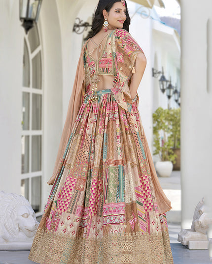 Captivating Beige Embroidered Chinnon Silk Lehenga Choli Set for Festival