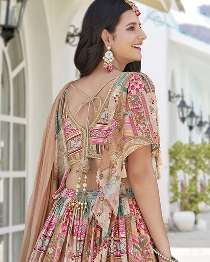 Captivating Beige Embroidered Chinnon Silk Lehenga Choli Set for Festival