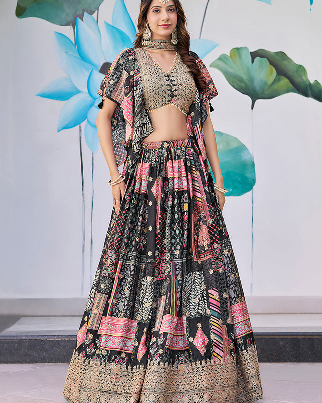 Mesmerizing Black Embroidered Chinnon Silk Lehenga Choli Set for Festival