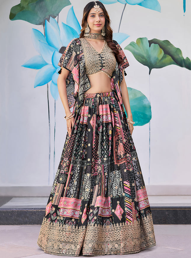 Mesmerizing Black Embroidered Chinnon Silk Lehenga Choli Set for Festival