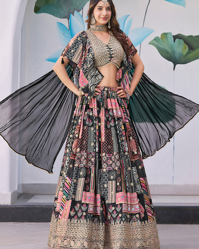 Mesmerizing Black Embroidered Chinnon Silk Lehenga Choli Set for Festival