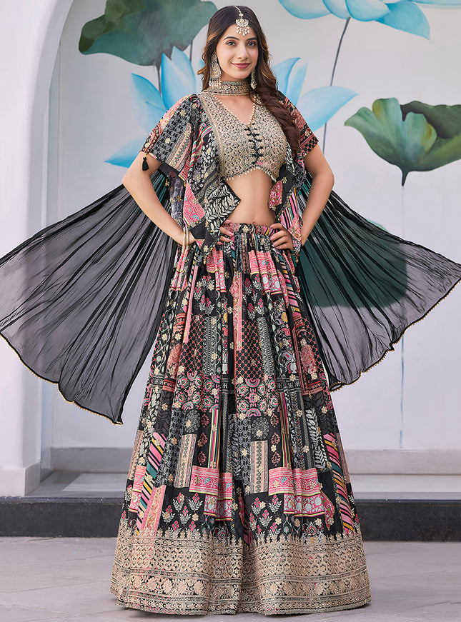 Mesmerizing Black Embroidered Chinnon Silk Lehenga Choli Set for Festival