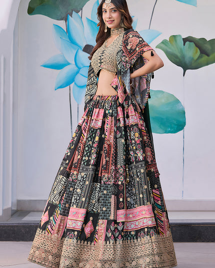 Mesmerizing Black Embroidered Chinnon Silk Lehenga Choli Set for Festival