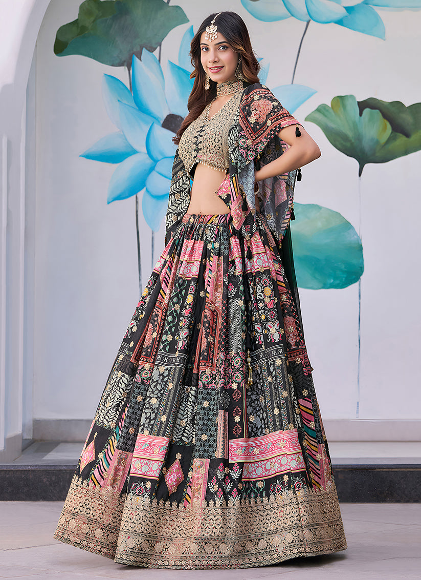Mesmerizing Black Embroidered Chinnon Silk Lehenga Choli Set for Festival