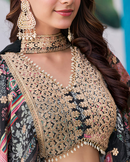 Mesmerizing Black Embroidered Chinnon Silk Lehenga Choli Set for Festival