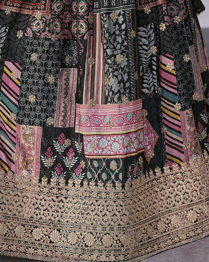 Mesmerizing Black Embroidered Chinnon Silk Lehenga Choli Set for Festival