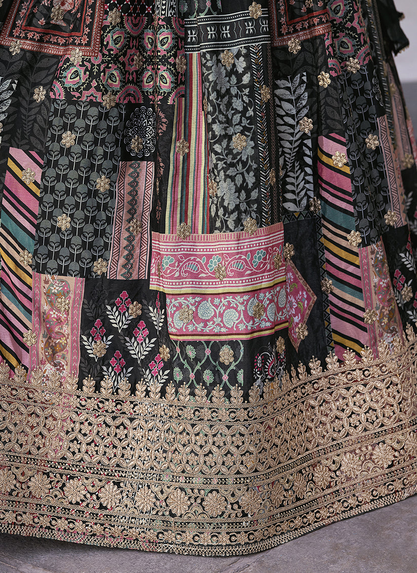 Mesmerizing Black Embroidered Chinnon Silk Lehenga Choli Set for Festival