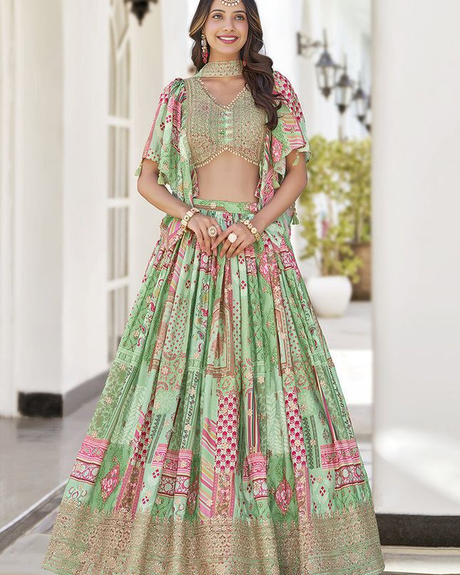 Fascinating Pistachio Green Embroidered Chinnon Silk Lehenga Choli Set for Festival