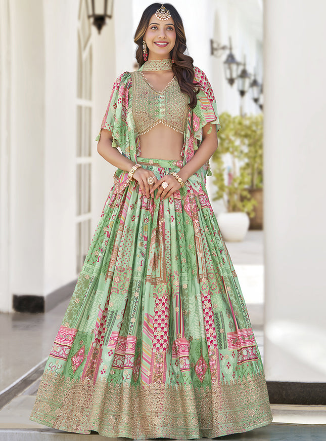 Fascinating Pistachio Green Embroidered Chinnon Silk Lehenga Choli Set for Festival