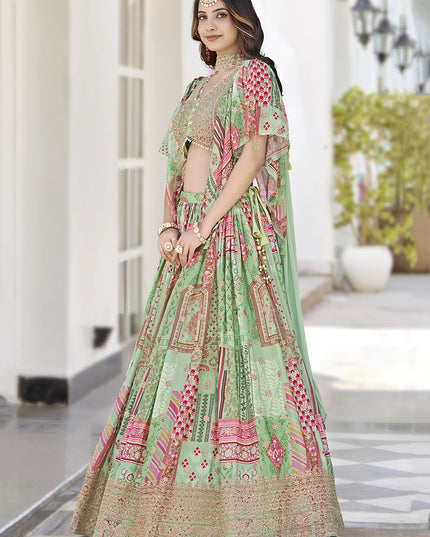 Fascinating Pistachio Green Embroidered Chinnon Silk Lehenga Choli Set for Festival