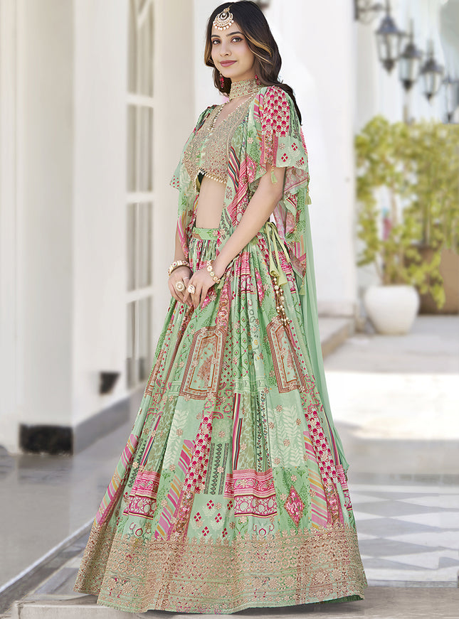 Fascinating Pistachio Green Embroidered Chinnon Silk Lehenga Choli Set for Festival