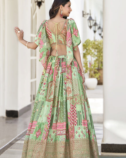 Fascinating Pistachio Green Embroidered Chinnon Silk Lehenga Choli Set for Festival
