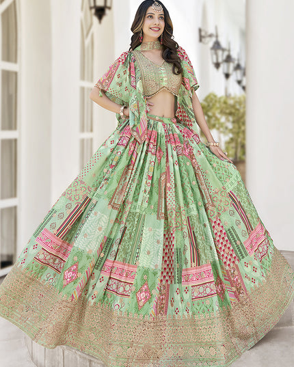 Fascinating Pistachio Green Embroidered Chinnon Silk Lehenga Choli Set for Festival