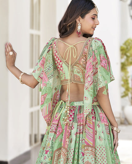 Fascinating Pistachio Green Embroidered Chinnon Silk Lehenga Choli Set for Festival