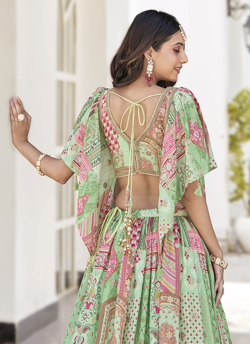 Fascinating Pistachio Green Embroidered Chinnon Silk Lehenga Choli Set for Festival