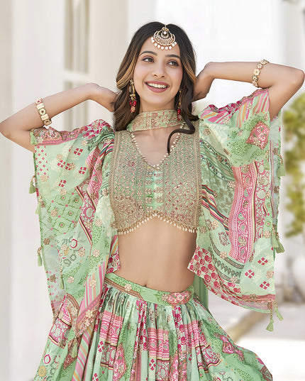 Fascinating Pistachio Green Embroidered Chinnon Silk Lehenga Choli Set for Festival