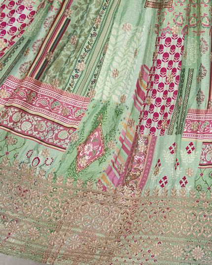 Fascinating Pistachio Green Embroidered Chinnon Silk Lehenga Choli Set for Festival