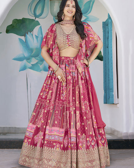 Elegant Rani Pink Embroidered Chinnon Silk Lehenga Choli Set for Festival