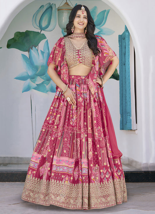 Elegant Rani Pink Embroidered Chinnon Silk Lehenga Choli Set for Festival