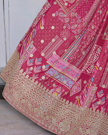 Elegant Rani Pink Embroidered Chinnon Silk Lehenga Choli Set for Festival