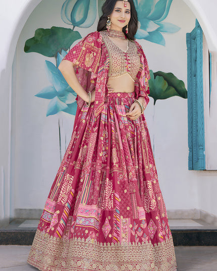 Elegant Rani Pink Embroidered Chinnon Silk Lehenga Choli Set for Festival