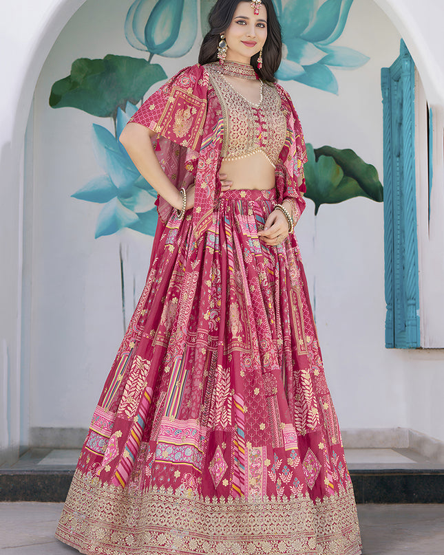 Elegant Rani Pink Embroidered Chinnon Silk Lehenga Choli Set for Festival