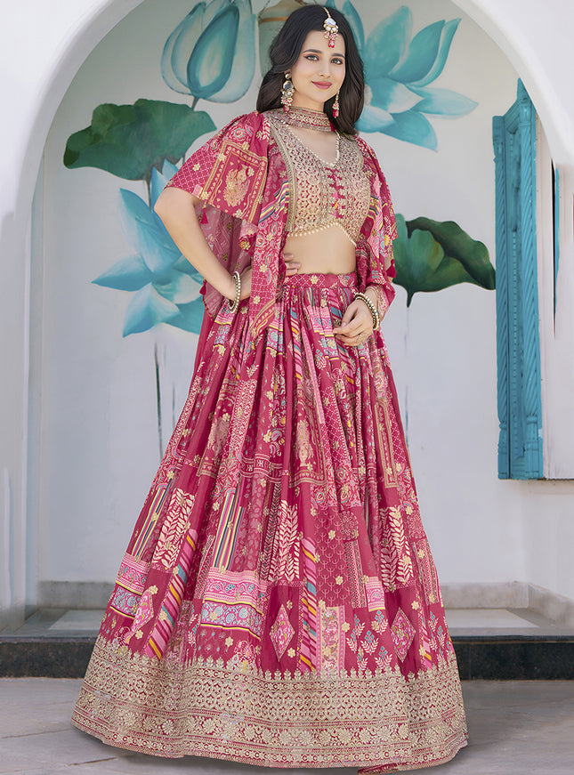 Elegant Rani Pink Embroidered Chinnon Silk Lehenga Choli Set for Festival