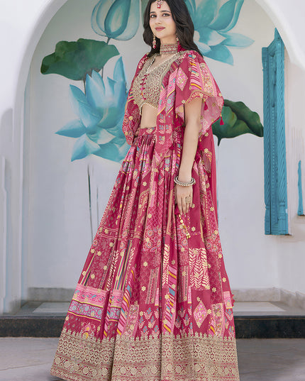 Elegant Rani Pink Embroidered Chinnon Silk Lehenga Choli Set for Festival