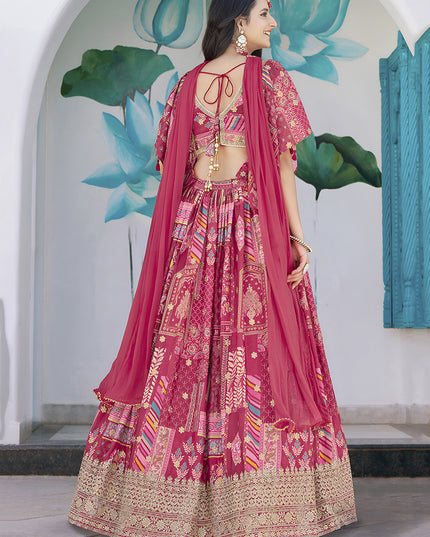 Elegant Rani Pink Embroidered Chinnon Silk Lehenga Choli Set for Festival