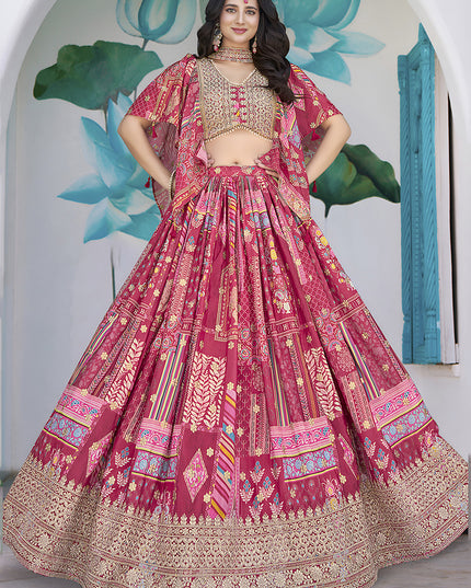 Elegant Rani Pink Embroidered Chinnon Silk Lehenga Choli Set for Festival