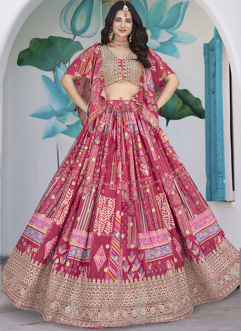 Elegant Rani Pink Embroidered Chinnon Silk Lehenga Choli Set for Festival