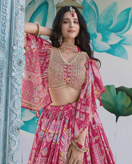 Elegant Rani Pink Embroidered Chinnon Silk Lehenga Choli Set for Festival