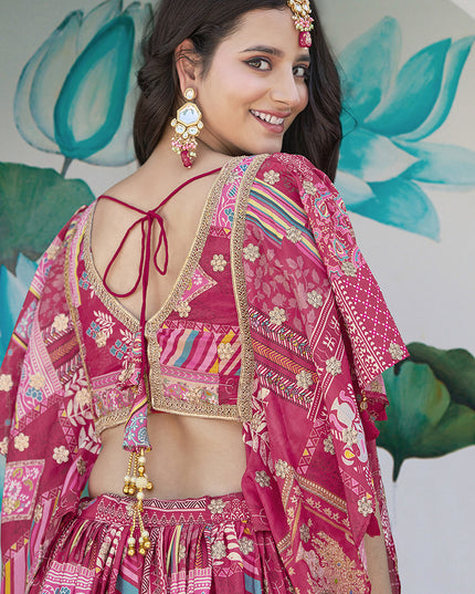 Elegant Rani Pink Embroidered Chinnon Silk Lehenga Choli Set for Festival