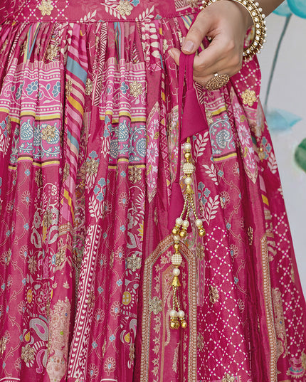 Elegant Rani Pink Embroidered Chinnon Silk Lehenga Choli Set for Festival