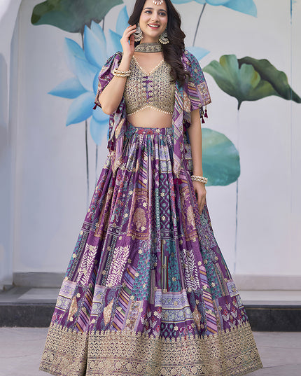 Ravishing Purple Embroidered Chinnon Silk Lehenga Choli Set for Festival